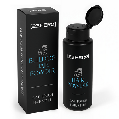 Black hair powder bottle and packaging with '23Hero' branding on a white background