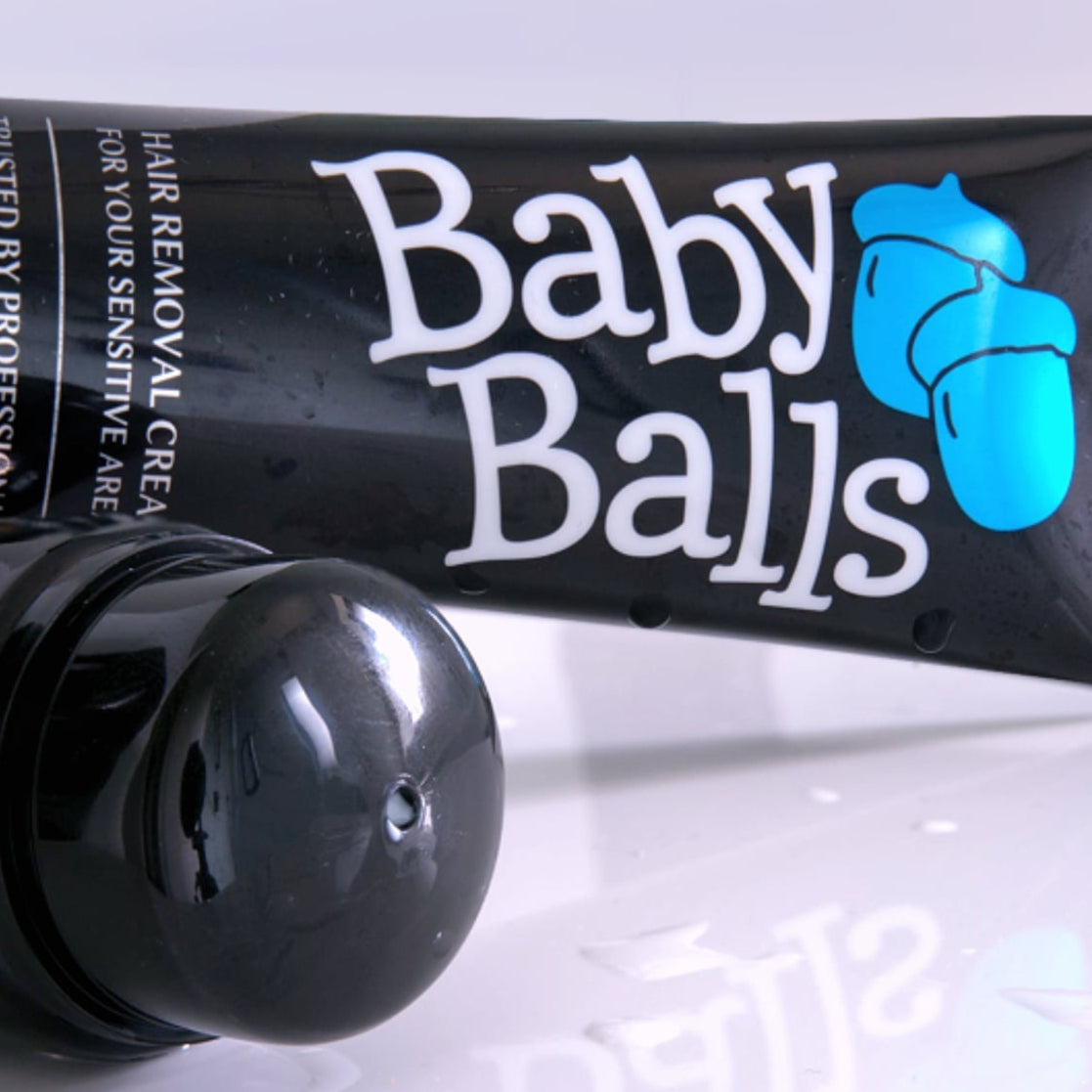Baby Balls hair removal cream packaging with contactless applicator. Men's hair removal for sensitive skin.