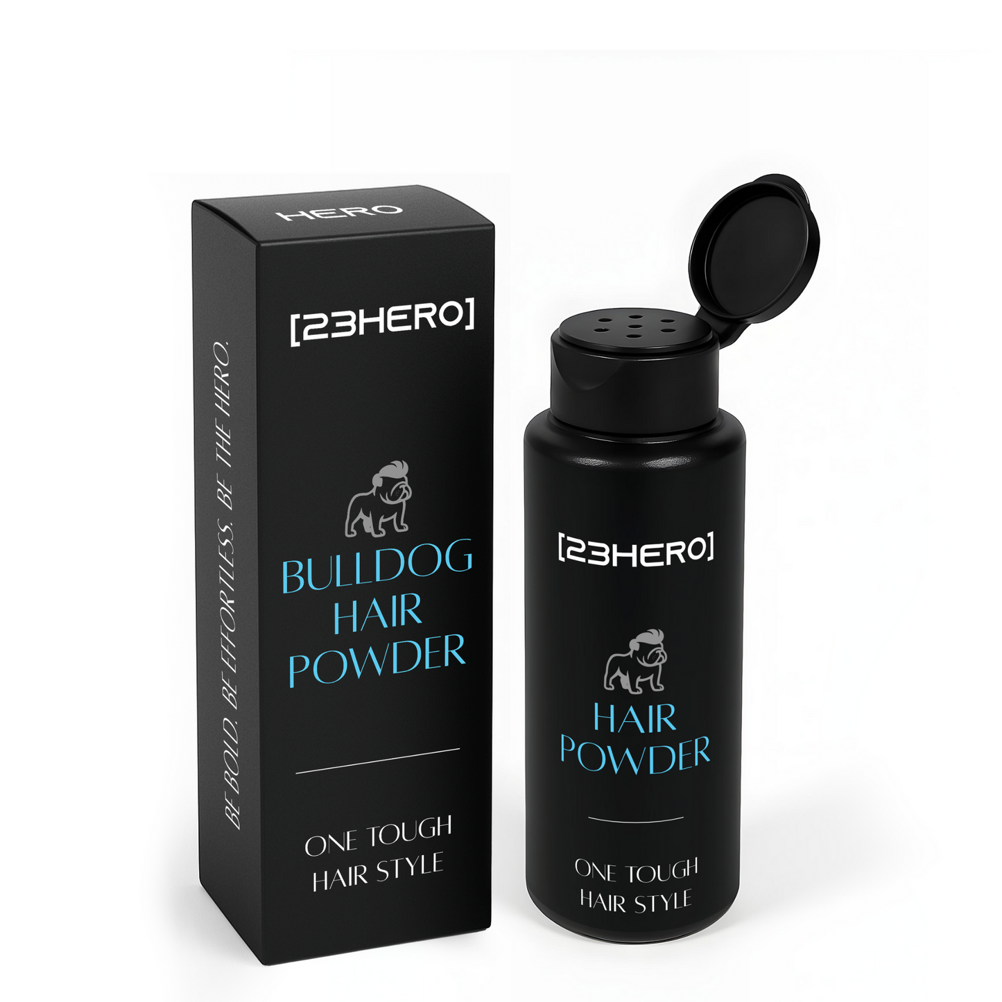 Black hair powder bottle and packaging with '23Hero' branding on a white background