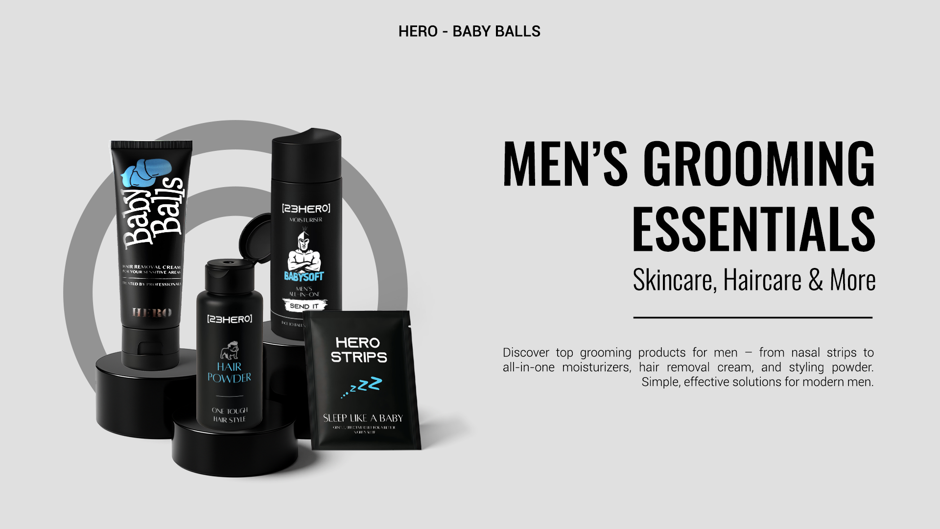 Men's grooming products including bhair removal cream, hair styling powder, nasal strips and all in 1 moisture with text about men's grooming essentials.
