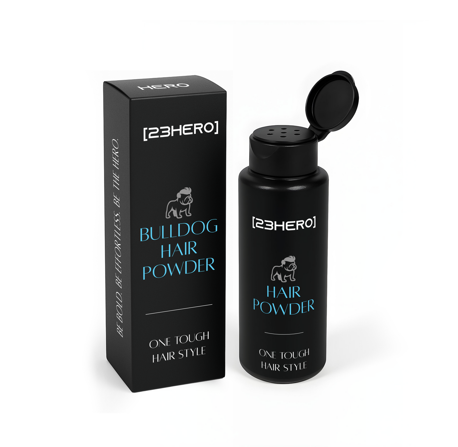 Black hair powder bottle and packaging with '23Hero' branding on a white background